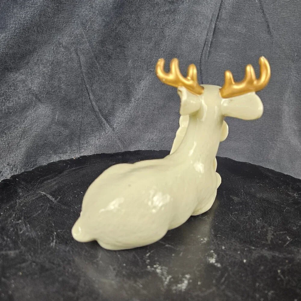 Vintage Ceramic Reindeer Figurine with Bow and Bells Cream Gold Accent Christmas